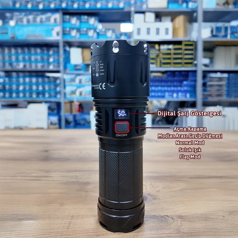 7000 Lümen 70w Profesyonel El Feneri 32.000 Mah Powerbank Özellikli Su Geçirmez Zoomlu Metal Gövde