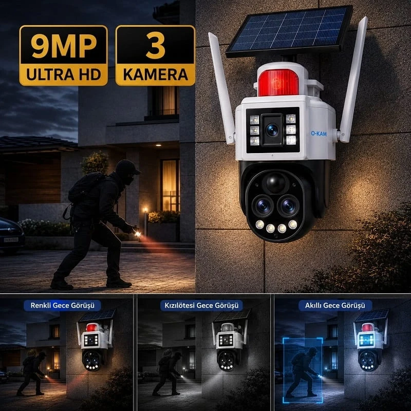 O-Kam Pro 6010W Solar Güneş Enerjili Wifi Özellikli 10X Zoom 3 Kameralı 360 Dönebilen Kablosuz Kamera Sesli Görüşme Renkli Gece Görüşü