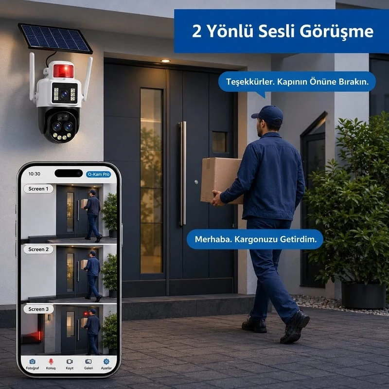 O-Kam Pro 6010W Solar Güneş Enerjili Wifi Özellikli 10X Zoom 3 Kameralı 360 Dönebilen Kablosuz Kamera Sesli Görüşme Renkli Gece Görüşü