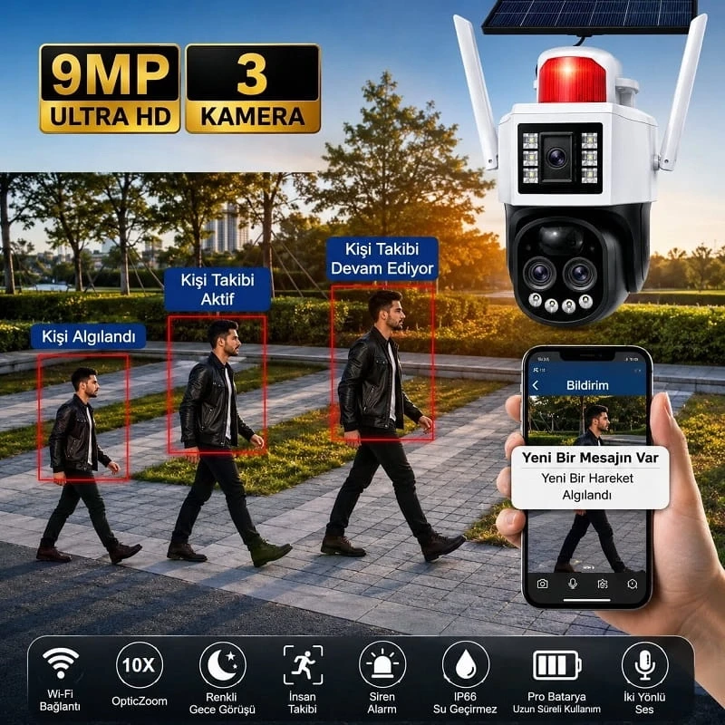 O-Kam Pro 6010W Solar Güneş Enerjili Wifi Özellikli 10X Zoom 3 Kameralı 360 Dönebilen Kablosuz Kamera Sesli Görüşme Renkli Gece Görüşü