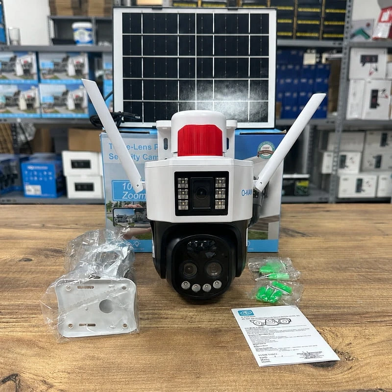 O-Kam Pro 6010W Solar Güneş Enerjili Wifi Özellikli 10X Zoom 3 Kameralı 360 Dönebilen Kablosuz Kamera Sesli Görüşme Renkli Gece Görüşü