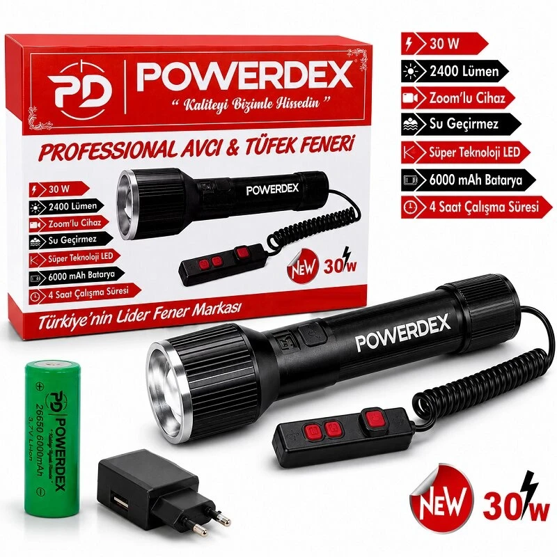 2400 Lümen 30W Profesyonel Zoomlu El Feneri Uzun Menzilli TFK Feneri