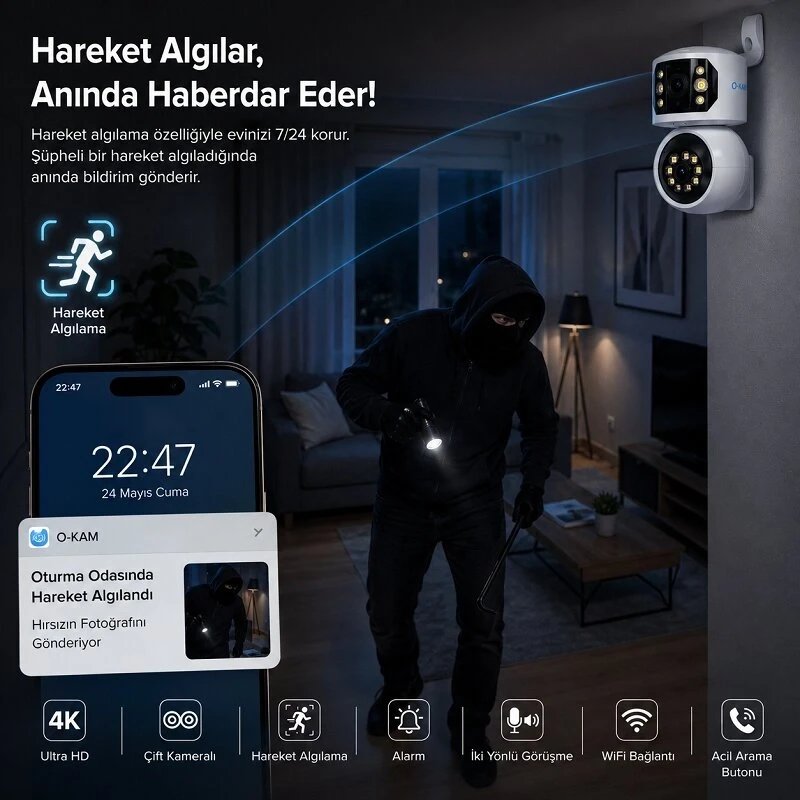 O-Kam Pro Ultra HD Wifi Özellikli Güvenlik Kamerası Bebek Kamerası Siren Gece Görüşü Hareket Takip Sesli Görüşme