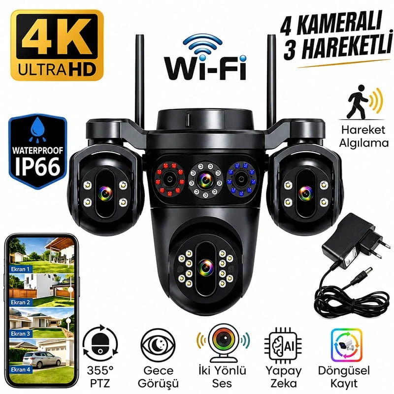 Esvision 4 Kameralı 4 Görüntülü 4K Ultra HD 360 Dönebilen Kablosuz Wifi Kamera Renkli Gece Görüşlü Su Geçirmez Sesli Görüşme Hareket Takip ES-703
