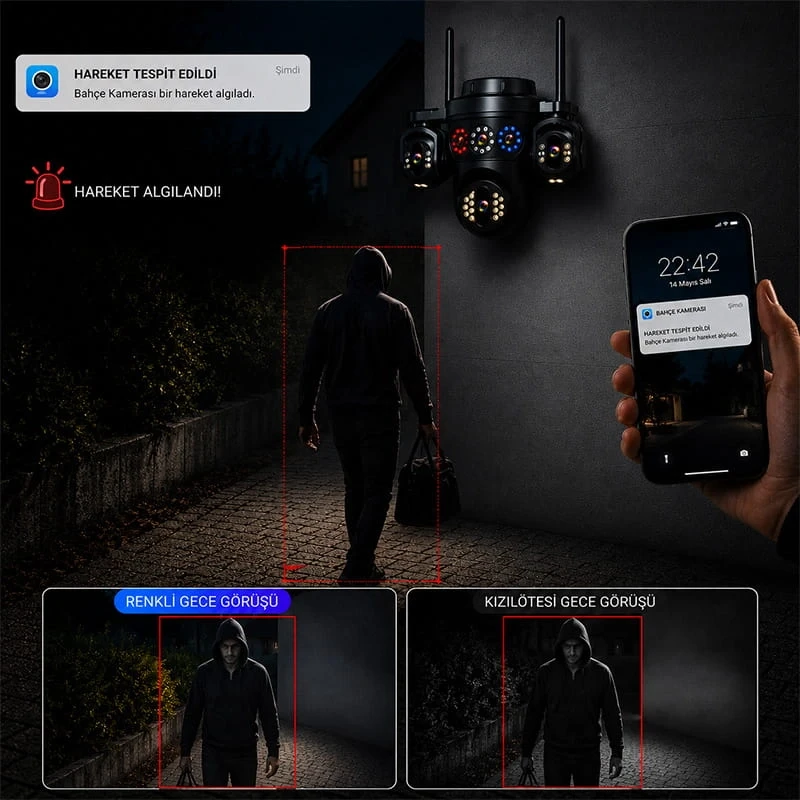 Esvision 4 Kameralı 4 Görüntülü 4K Ultra HD 360 Dönebilen Kablosuz Wifi Kamera Renkli Gece Görüşlü Su Geçirmez Sesli Görüşme Hareket Takip ES-703