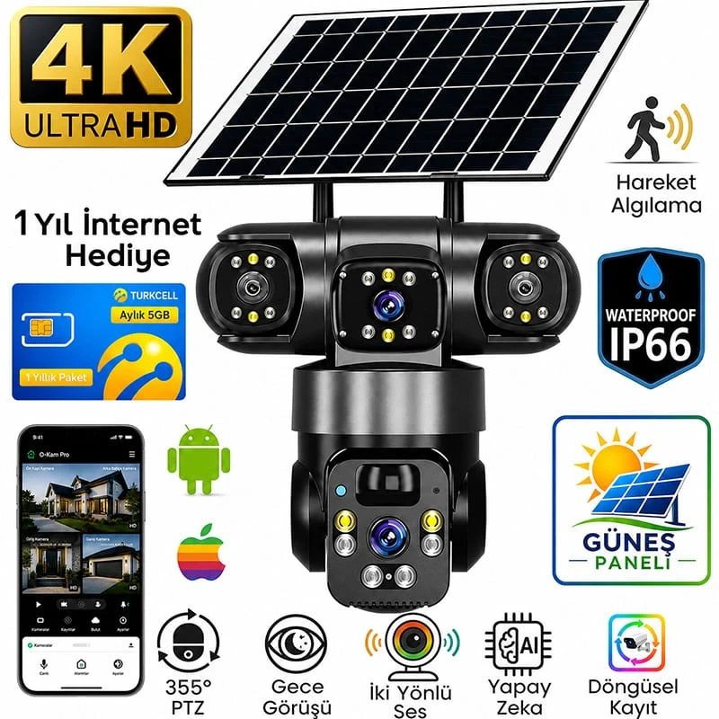 O-Kam Pro 4G SIM Kartlı 1 Yıl İnternet Hediyeli 9MP 3 Kameralı Güneş Enerjili Gece Görüşlü Güvenlik Kamerası
