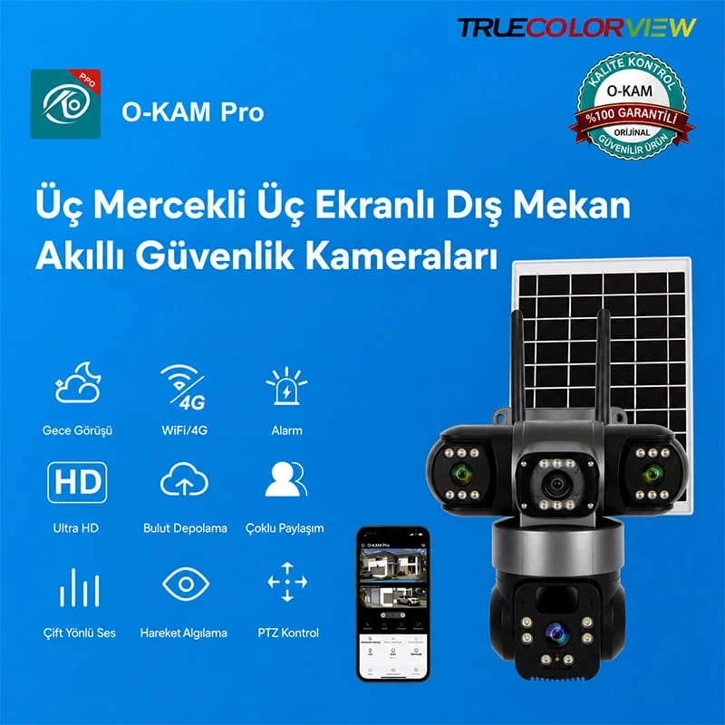 O-Kam Pro 4G SIM Kartlı 1 Yıl İnternet Hediyeli 9MP 3 Kameralı Güneş Enerjili Gece Görüşlü Güvenlik Kamerası
