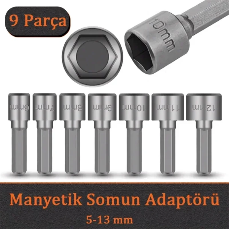 9 Parça Manyetik Civata Somun Tutucu Bits Adaptörü Lokma
