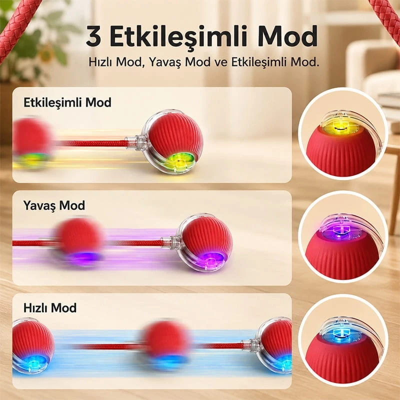 Akıllı Kedi Oyuncağı Otomatik Yuvarlanan Hareketli Top USB Şarjlı LED Işıklı 3 Modlu
