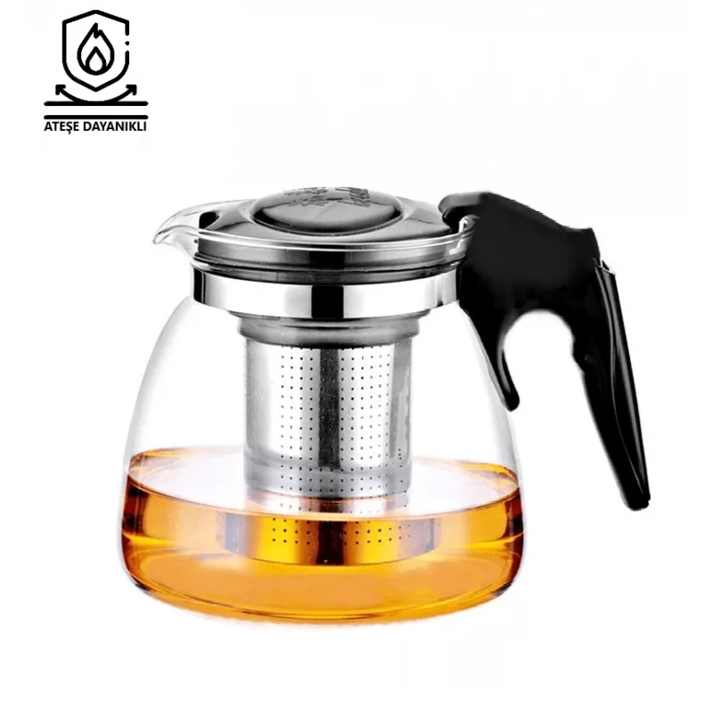 Ateşe Dayanıklı Süzgeçli Cam Demlik 700 ml Siyah