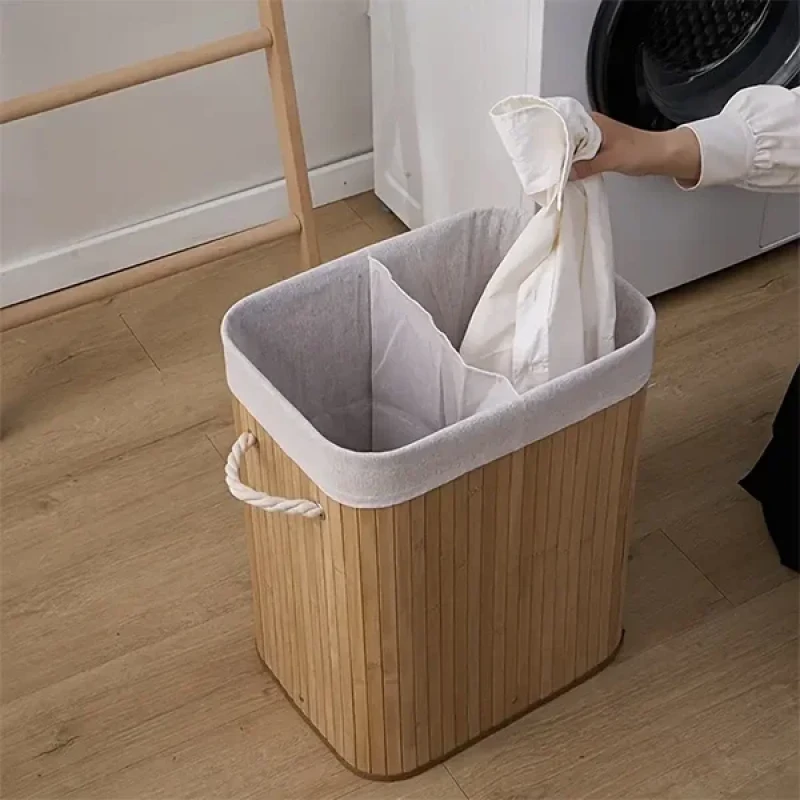 Bambu Natürel Çift Hazneli Çamaşır Sepeti 2 Li Kirli Sepeti