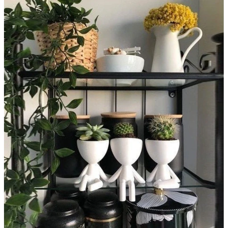 Beyaz Dekoratif İnsan Şekilli Figür Saksı 3 Lü