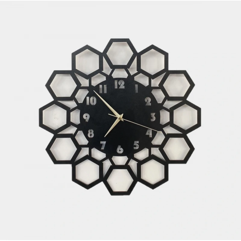Dekoratif Lazer Kesim Altıgen Kenarlı Duvar Saati