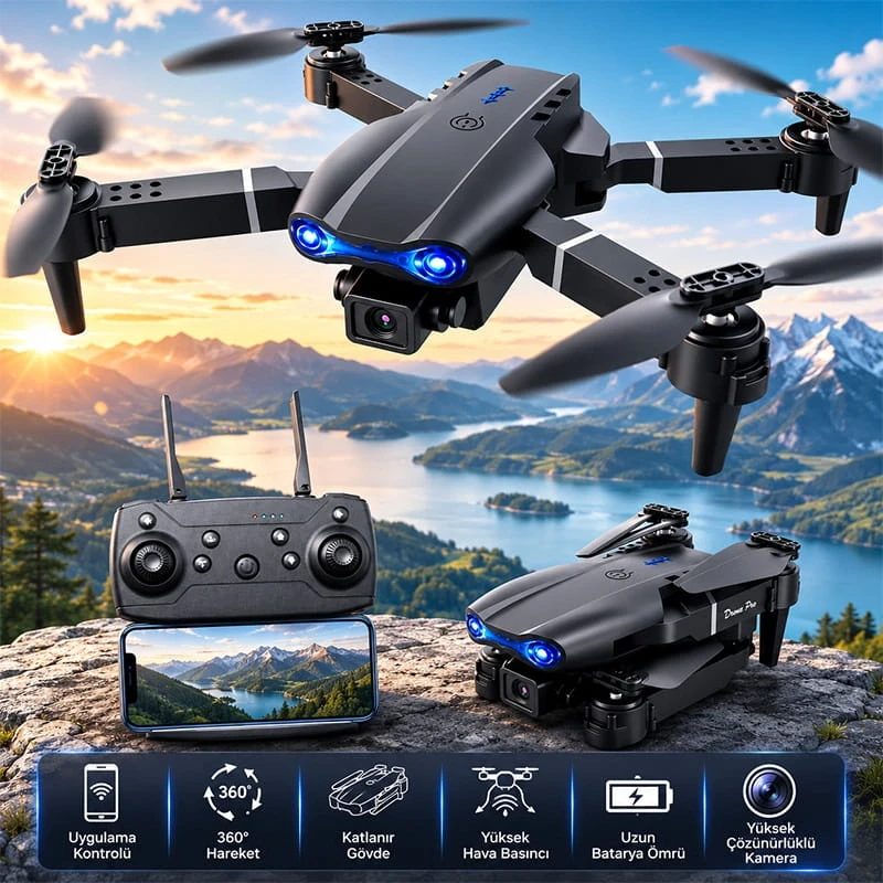 E99 V2 Katlanabilir 1080P Kameralı Drone Taşıma Çantalı Taklacı Tek Tuş Kalkış İniş Özellikli