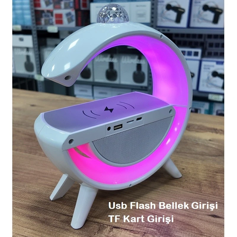 G Harfi Kablosuz Şarj Özellikli Dijital Saatli ve Alarmlı Rgb Ledli Temassız Şarjlı Bluetooth Hoparlör