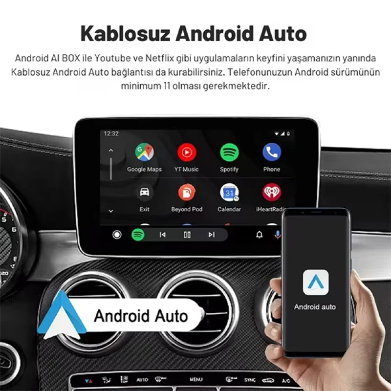 Kablosuz Car play Youtube Netflix Haritalar Android Auto Adaptör Türkçe Dil 2 Gb Ram 32 Gb Rom