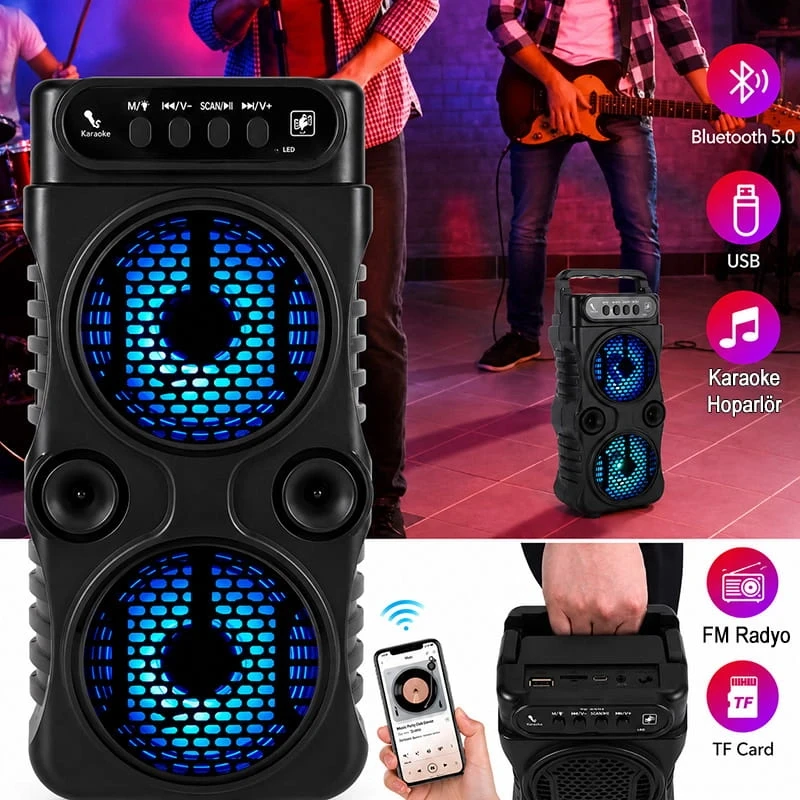 Karaoke Mikrofonlu Çift Kat Ekstra Bass Fm Sd Bluetooth Hoparlör