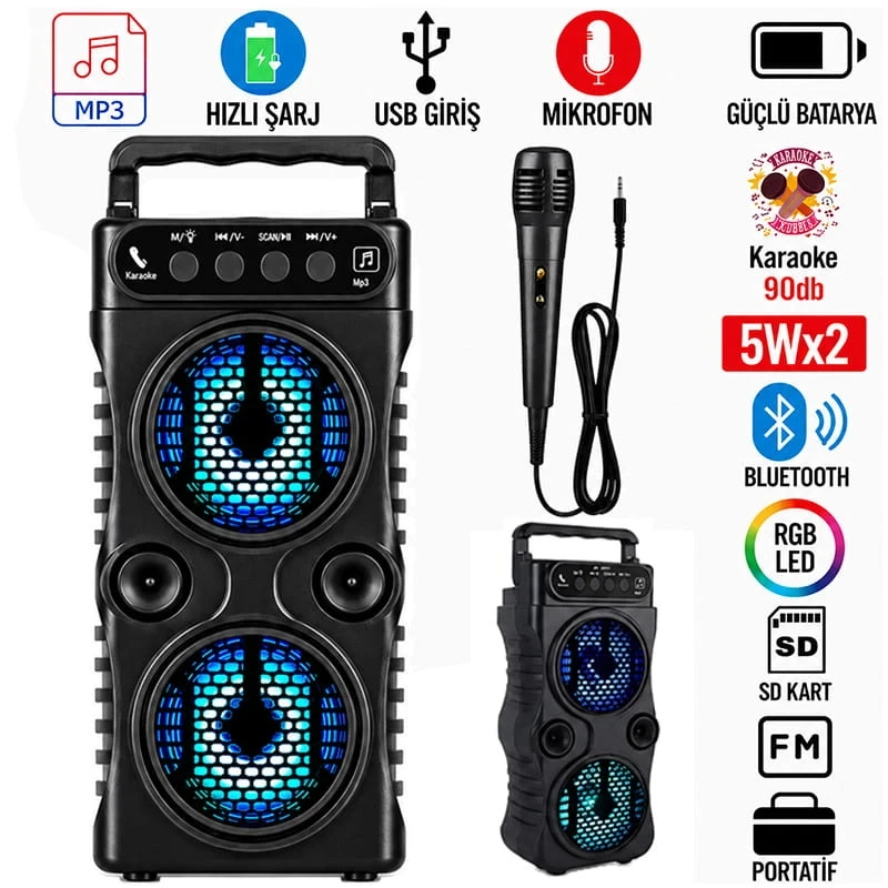 Karaoke Mikrofonlu Çift Kat Ekstra Bass Fm Sd Bluetooth Hoparlör