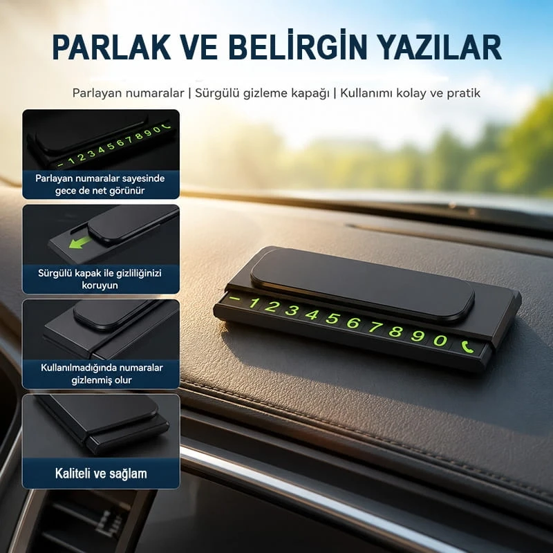 Kayar Kapaklı Aç Kapa Araç Torpido Üstü Fosforlu Numaratör Park Numaratörü