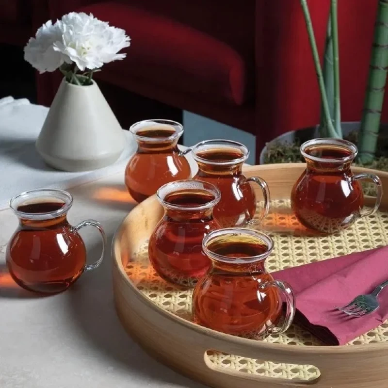 Keyfi Ala Borosilikat Kulplu 6 Lı Çay Bardağı