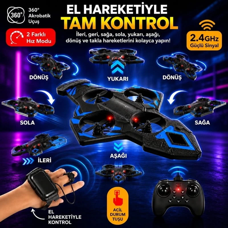 LED Işıklı El Hareketi Kontrollü Mini Drone Takla Özellikli Uçuş Tek Tuş Kalkış Uzaktan Kumandalı Uçak Drone