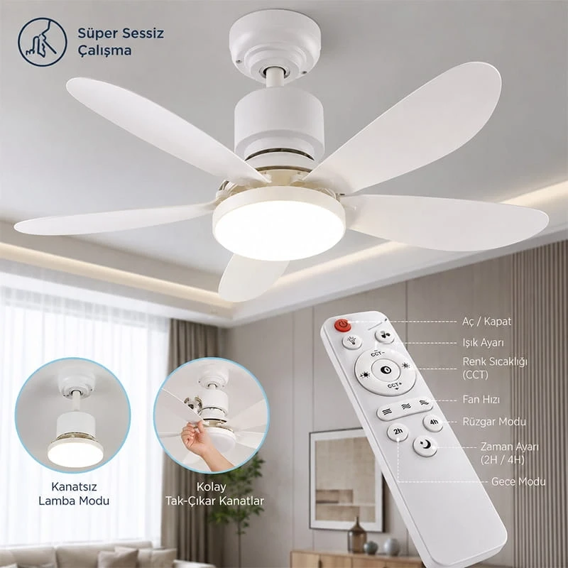 Led Işıklı Uzaktan Kumandalı Sessiz Çalışan Tavan Tipi Vantilatör Lamba Işıklı Pervane