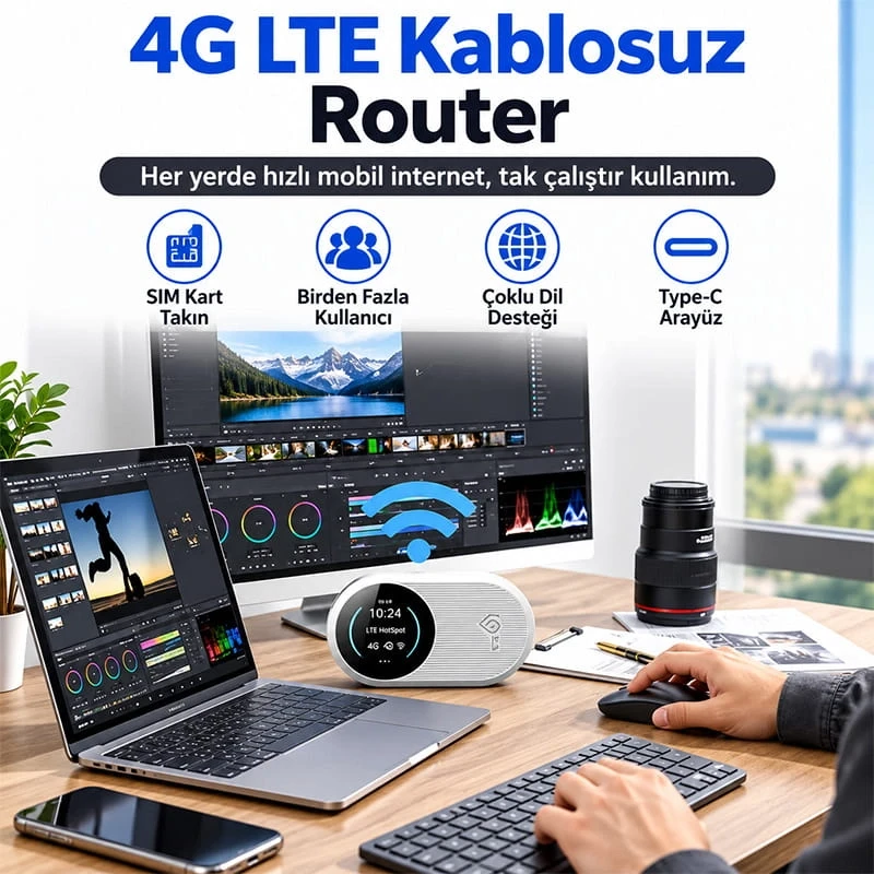 M10 Pro 4G LTE SIM Kartlı Taşınabilir Şarjlı Modem WiFi 6 2.4G 5.8G 3000 mAh Mobil Router 10 Saat Çalışma Süresi