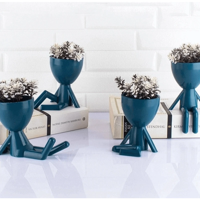 Mavi Dekoratif İnsan Şekilli Figür Saksı 3 Lü