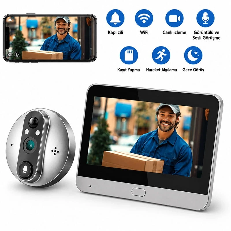 O-Kam Premium 1080P Full HD Kayıt Yapabilen Wifi Kameralı Kapı Zili Görüntülü Kapı Dürbünü Hareket Algılama İki Yönlü Görüşme