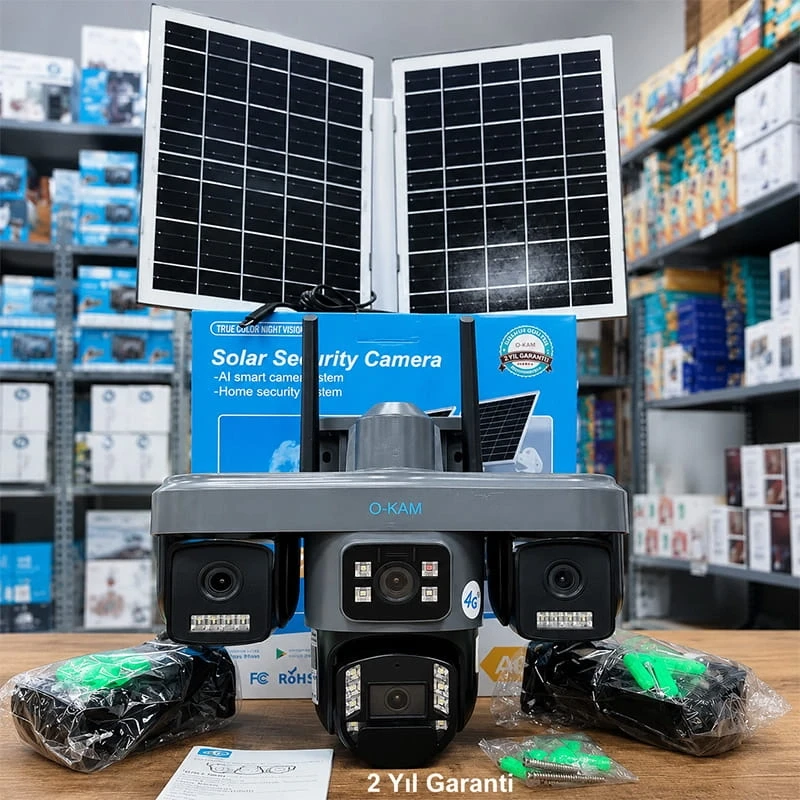 O-Kam Premium 4G 12MP SIM Kartlı 1 Yıl İnternet Hediyeli 4 Kameralı 4 Görüntülü Çift Solar Panelli Renkli Ledli Gece Görüşlü Güvenlik Kamerası
