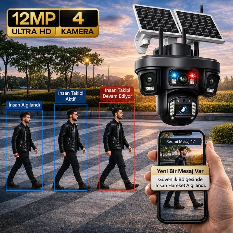 O-Kam Premium 4G 12MP SIM Kartlı 1 Yıl İnternet Hediyeli 4 Kameralı 4 Görüntülü Çift Solar Panelli Renkli Ledli Gece Görüşlü Güvenlik Kamerası