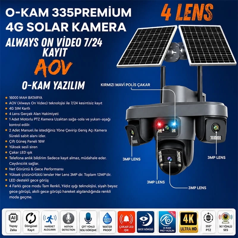 O-Kam Premium 4G 12MP SIM Kartlı 1 Yıl İnternet Hediyeli 4 Kameralı 4 Görüntülü Çift Solar Panelli Renkli Ledli Gece Görüşlü Güvenlik Kamerası
