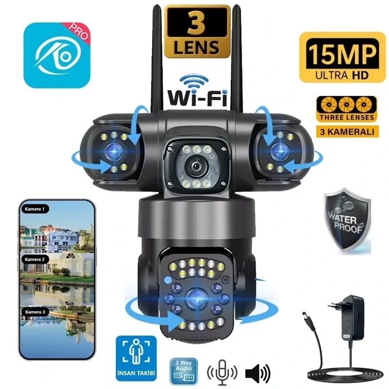 O-Kam Pro 3 Kameralı 3 Görüntülü Ultra HD 360 Dönebilen Kablosuz Wifi Kamera Renkli Gece Görüşlü Su Geçirmez Sesli Görüşme Hareket Takip