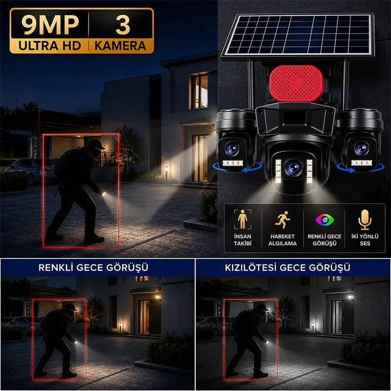 O-Kam Pro 4G 9MP SIM Kartlı 1 Yıl İnternet Hediyeli 3 Kameralı 3 Görüntülü Solar Panelli Gece Görüşlü Güvenlik Kamerası İnternet Paketli Ok-310