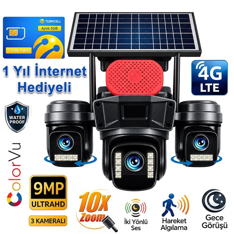 O-Kam Pro 4G 9MP SIM Kartlı 1 Yıl İnternet Hediyeli 3 Kameralı 3 Görüntülü Solar Panelli Gece Görüşlü Güvenlik Kamerası İnternet Paketli Ok-310