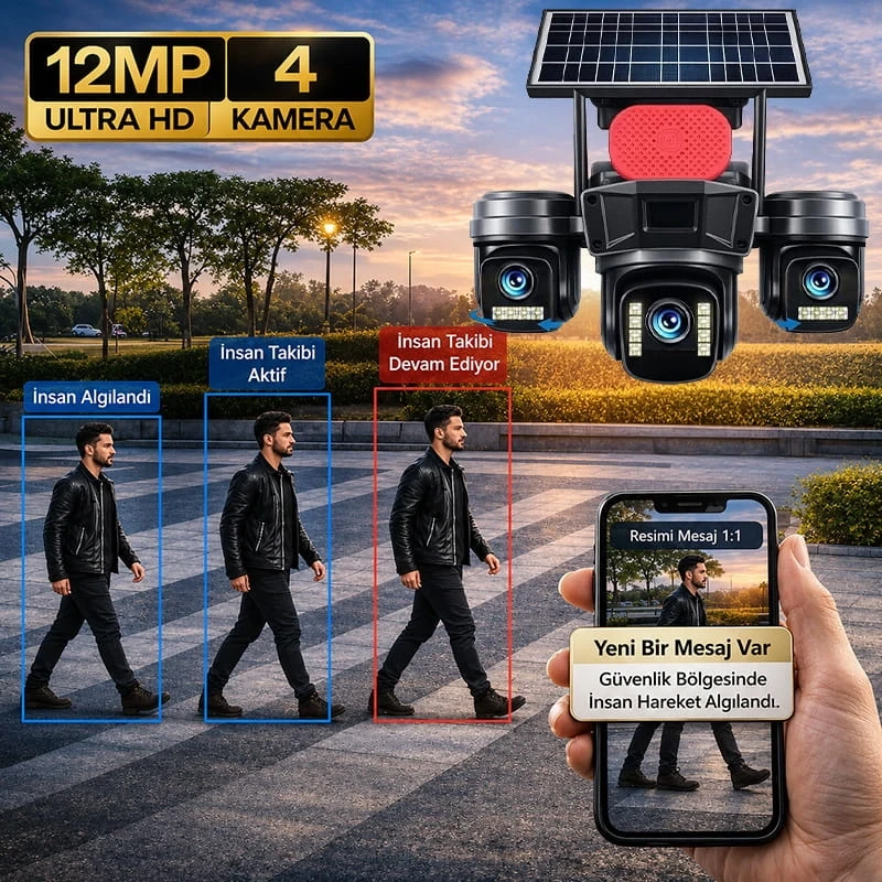 O-Kam Pro 4G 9MP SIM Kartlı 1 Yıl İnternet Hediyeli 3 Kameralı 3 Görüntülü Solar Panelli Gece Görüşlü Güvenlik Kamerası İnternet Paketli Ok-310