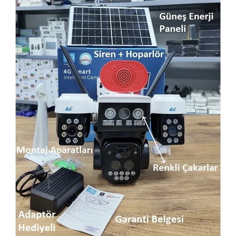 O-Kam Pro Solar Güneş Enerjili 4G Sim Kart Özellikli 3 Kameralı Ultra HD 360 Dönebilen Kablosuz Kamera Sesli Görüşme Renkli Gece Görüşü