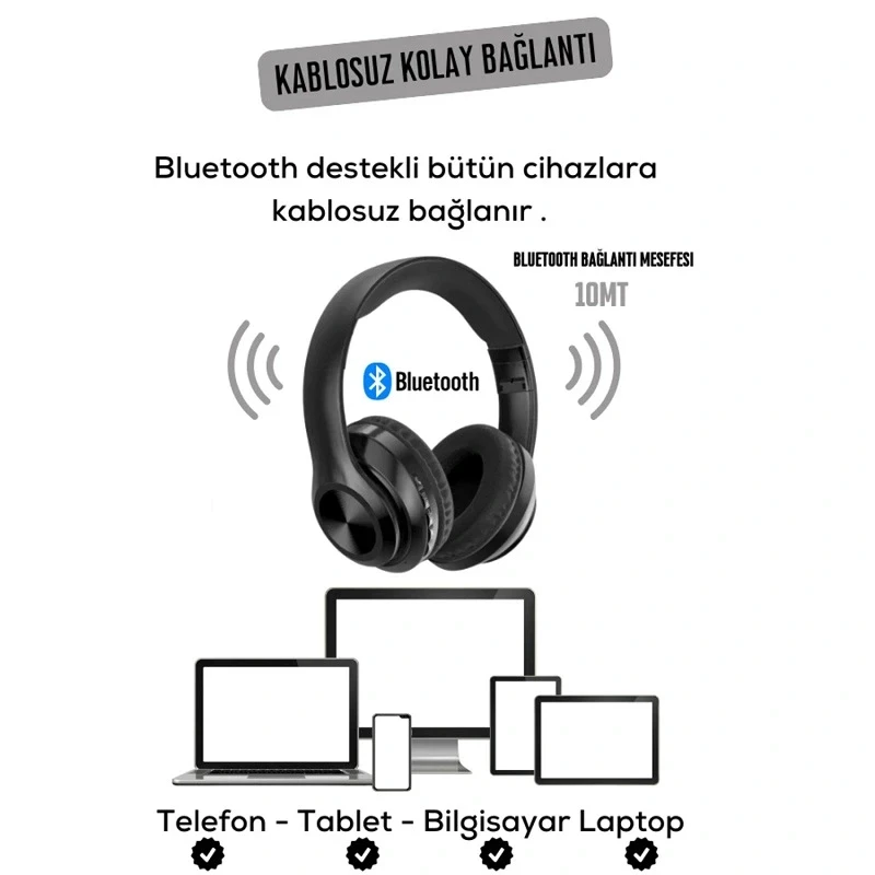 P68 Kafaüstü Bluetooth Kulaklık Kablosuz Stereo Kulaklık Siyah
