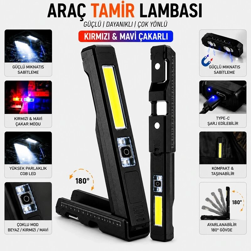 Profesyonel Tamirci Lambası Cob LED 360 Döner Başlık Mıknatıslı Çakar Mod Şarjlı