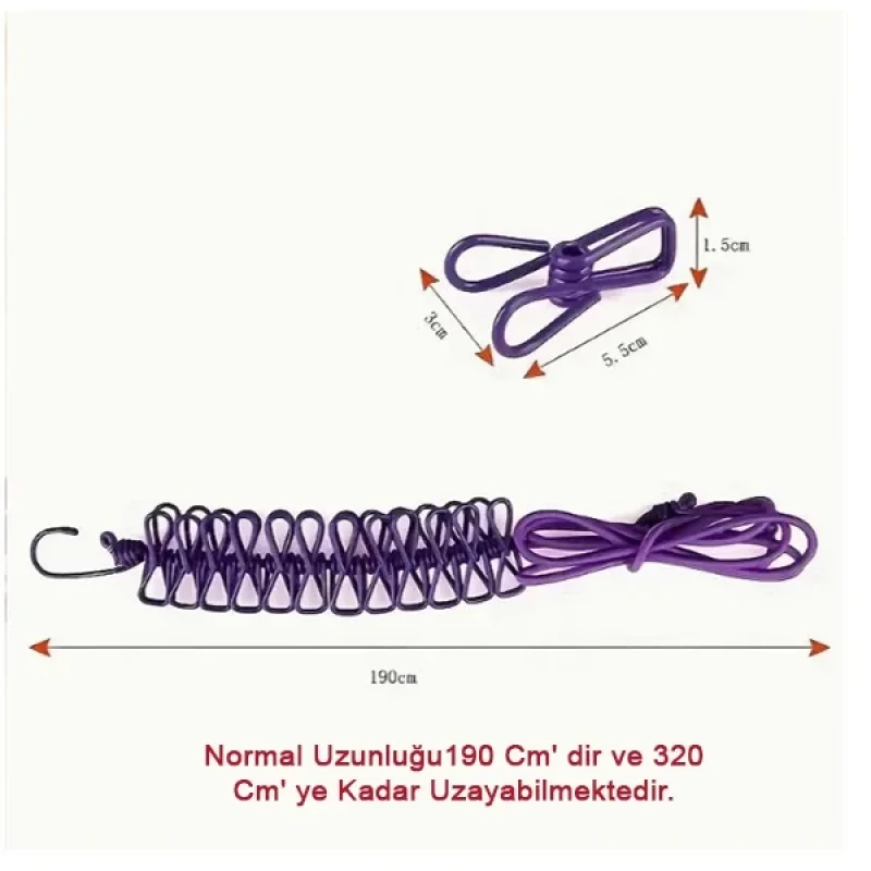 Seyahat Kamp Çamaşır İpi 12 Mandallı Askı Esnek Kurutmalık