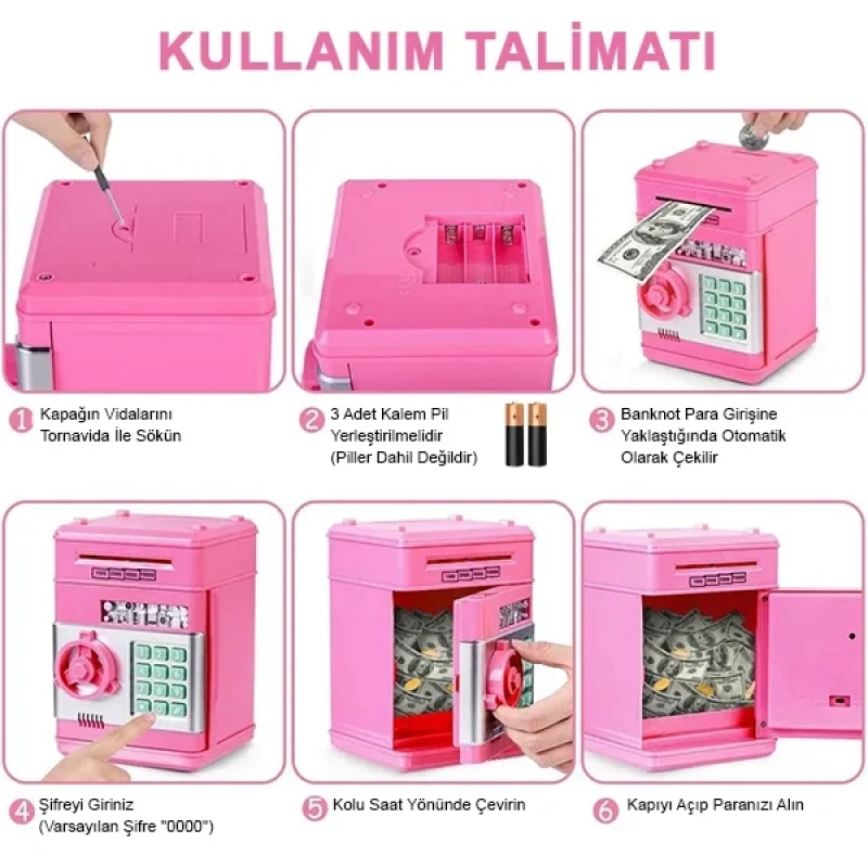 Şifreli ATM Kumbara Kasa Otomatik Pembe