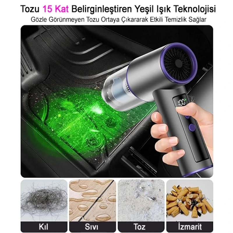 V07 20000PA 12 Parça Yeşil Lazerli Toz Algılama Teknolojisi 3IN1 Güçlü Araç Süpürgesi Ev Ofis İçin Uygun