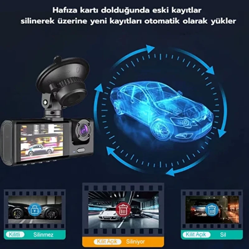 Wifi 3 Kameralı 1080P Super HD 170 Derece Geniş Açı Gece Görüş G Sensörlü Araç Kamerası