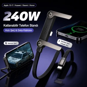 1.5mt 240W Ultra Hızlı Type-C Şarj Data Kablosu Katlanabilir Standlı Ergonomik Tasarım Örgülü