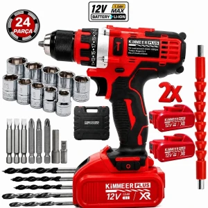 24 Parça Şarjlı Matkap 12v Çelik Mandrenli Çift Akülü Vidalama Matkap Seti