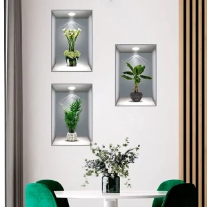 3 Adet 3D Çiçek Vazo Duvar Sticker Gri Fon