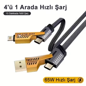 4in1 PD 65 Watt Type-C/27 Watt Halat Örgü Kırılmaz Uç 1 Metre Hızlı Şarj ve Data Kablosu