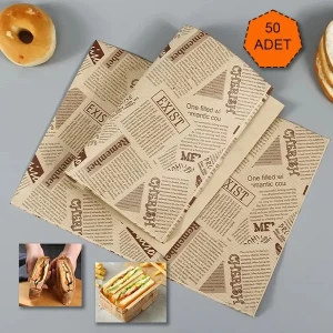 50 Adet Desenli Yağlı Kağıt Vintage Gazete Sunum Kağıdı Servis Kağıdı