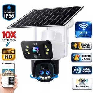O-Kam Pro 3950W Solar Güneş Enerjili Wifi Özellikli Ultra HD 3 Kameralı 360 Dönebilen Kablosuz Kamera Sesli Görüşme Renkli Gece Görüşü