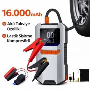 Akım Korumalı 16.000 Mah Hava Kompresörlü Akü Takviye Cihazı Hızlı Şişirme El Feneri Taşınabilir Powerbank